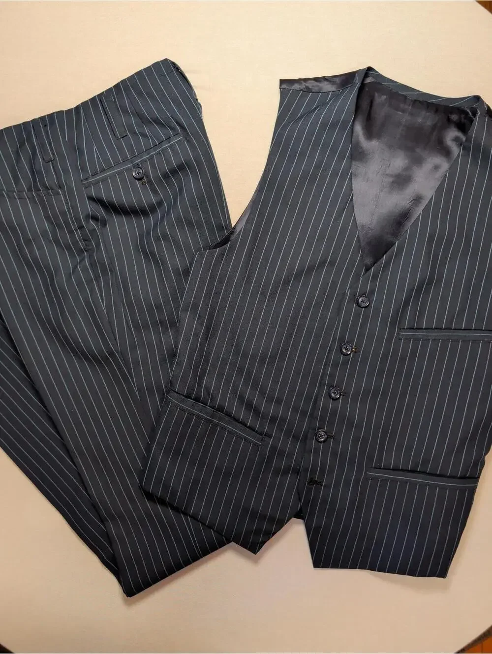 90s Vintage Bespoke Pinstripe 3 Piece Suit Navy Tailored Henries of Japan Unisex